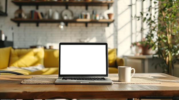 Blank screen laptop computer with coffee mug on wooden desk in living room Mock up AI generated