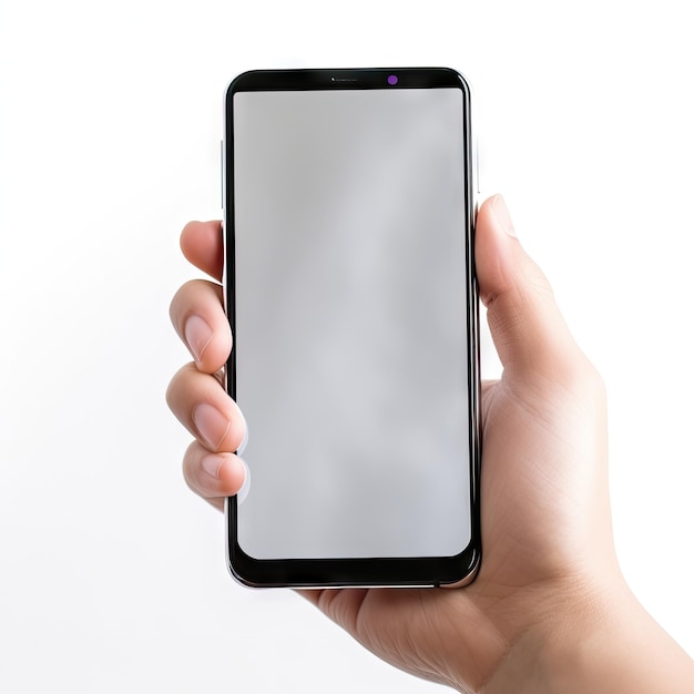 Blank Screen Mobile Phone in Hand on White Background