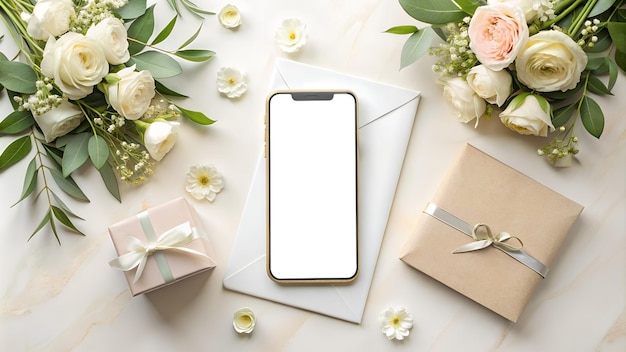 Blank screen phone on wedding background mockup White blank screen phone wedding invitation mockup Wedding Stationery Mockup