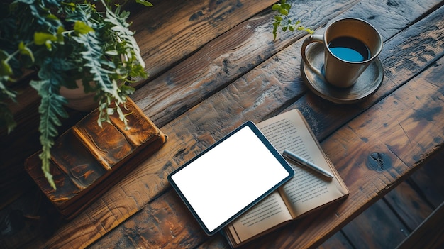 Blank screen tablet book pen and coffee mug on wooden desk Top view flat lay Generative ai