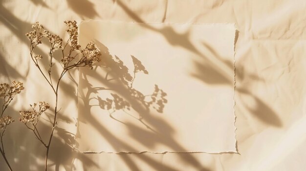 Photo blank sheet and floral sunlight shadows on beige background