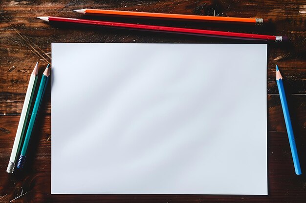 Photo blank sheet of paper with a pencil and a pen on a wooden table