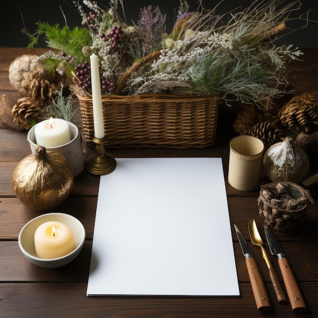 Blank sheet of paper on the wooden table and christmas decorations Generative AI