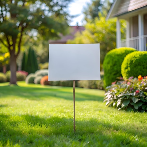 Photo a blank sign stands in a lush green lawn perfect for adding your own text or design