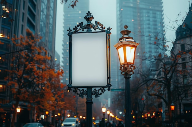 Blank signpost on a city street with lamppost and blurred cityscape in background