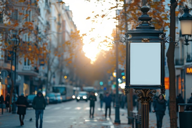 Blank signpost on a Parisian street with people walking by at sunset