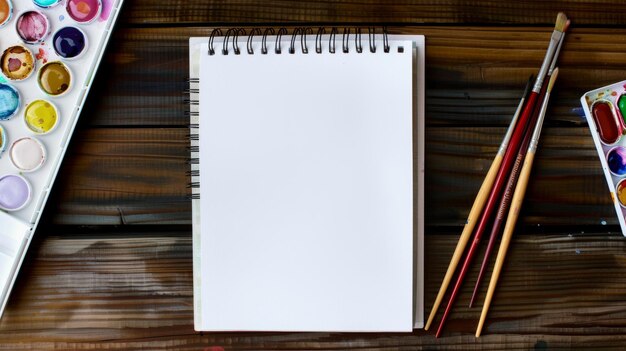 Blank Sketchbook Paintbrushes and Watercolors on Wooden Table