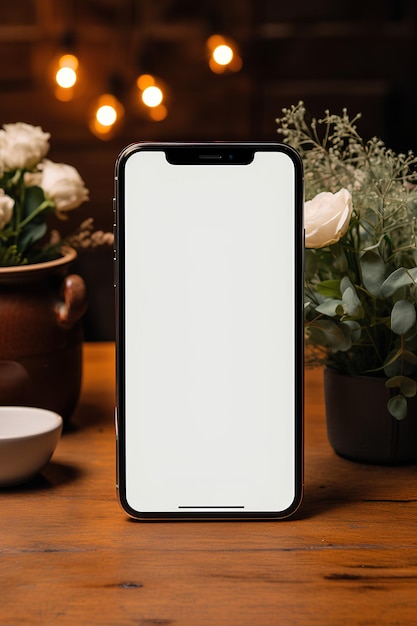 Blank slate smartphone for mockup artistry in the background there is a pot with a flower