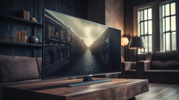 Blank smart TV screen on wooden table closeup realistic Al generated