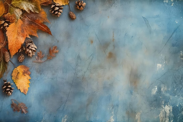 Blank Space Blue Grunge Surface With Autumn Leaves And Cones Top View Generative AI