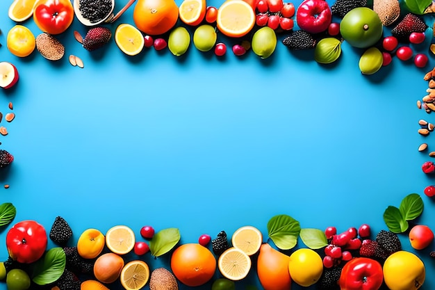 Blank space for text with fruits surrounding color background