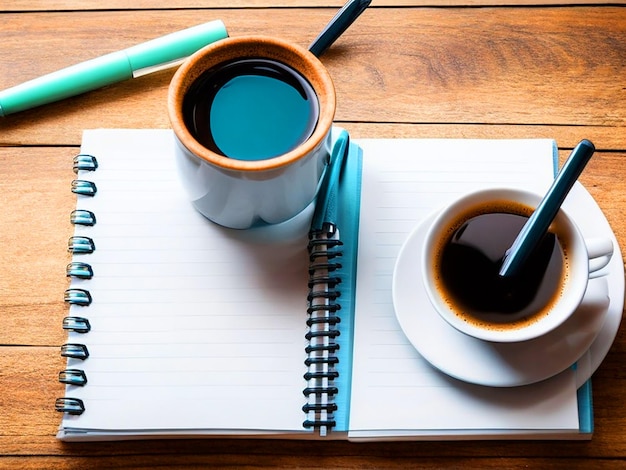 blank spiral notebook on top of a wooden table with a few pens next to it and a coffee cup