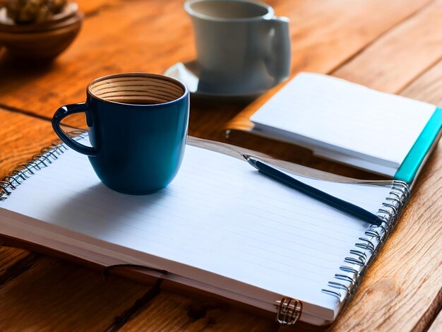 blank spiral notebook on top of a wooden table with a few pens next to it and a coffee cup