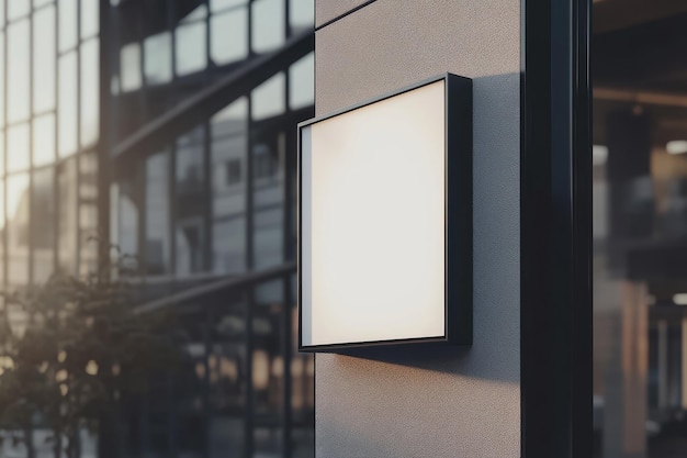 Photo blank square sign on a textured gray wall with a blurred city background