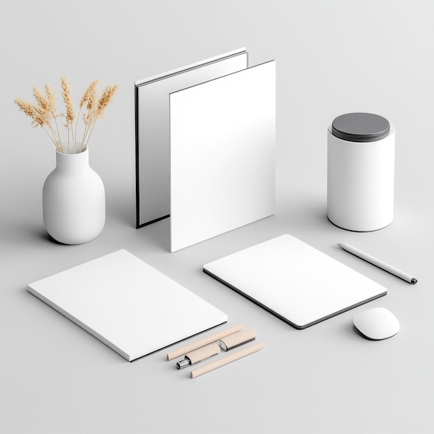 Blank Stationery Mockup with Pens and Tablet on White Background