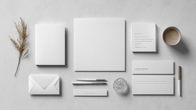 Blank stationery set mockup with a white envelope a note card a business card a pen and a cup of coffee on a white table