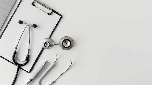 Photo blank stethoscope and gray clipboard on white desk with ui icon concept