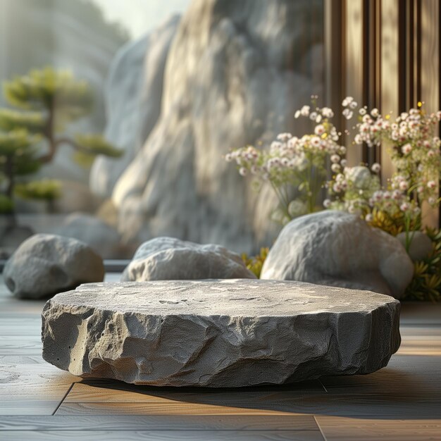 blank stone podium against the backdrop of an oriental garden