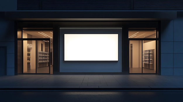 A blank storefront sign on a building with glass doors and a tiled sidewalk