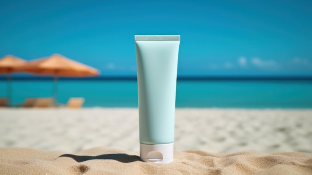 Blank sunscreen cream on the beach Illustration Generative AI