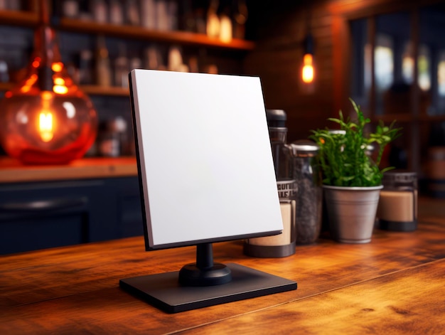 Photo blank tabletop sign mockup in a bar setting on a wooden surface with a cozy ambiance for branding display generative ai