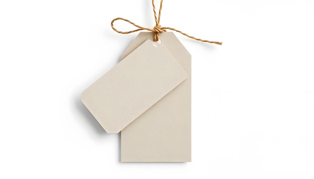 Blank tag tied with string Price tag gift tag sale tag addre isolated with white highlights