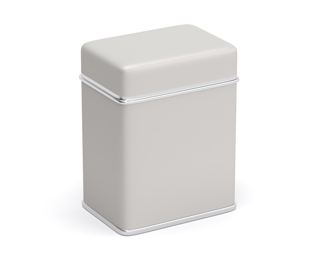 Blank tall tin box food bulk products container for packaging design. 3d render