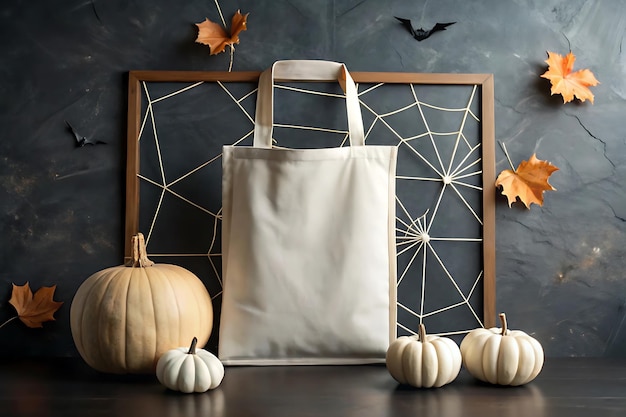 Blank tote bag mockup against a wall with a Halloween backdrop featuring bats and pumpkins