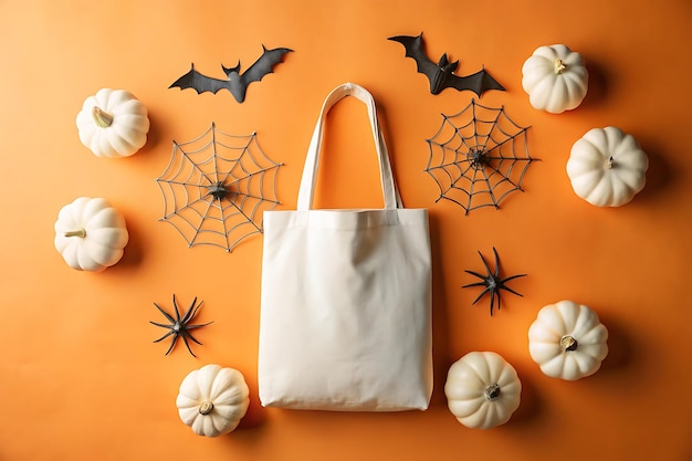 Blank tote bag mockup against a wall with a Halloween backdrop featuring bats and pumpkins