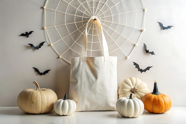 Blank tote bag mockup against a wall with a Halloween backdrop featuring bats and pumpkins