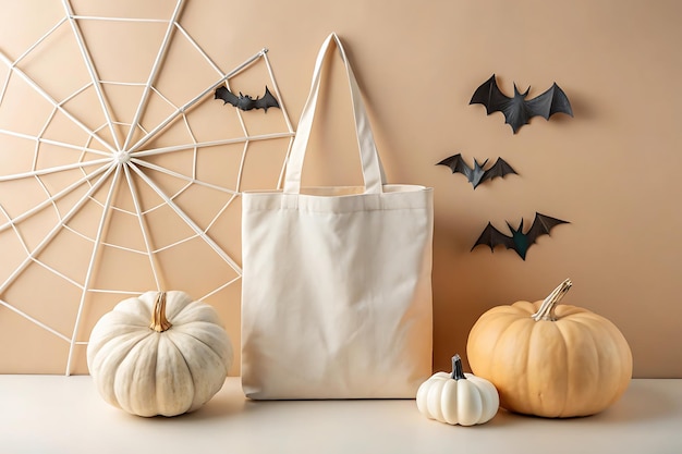 Blank tote bag mockup against a wall with a Halloween backdrop featuring bats and pumpkins