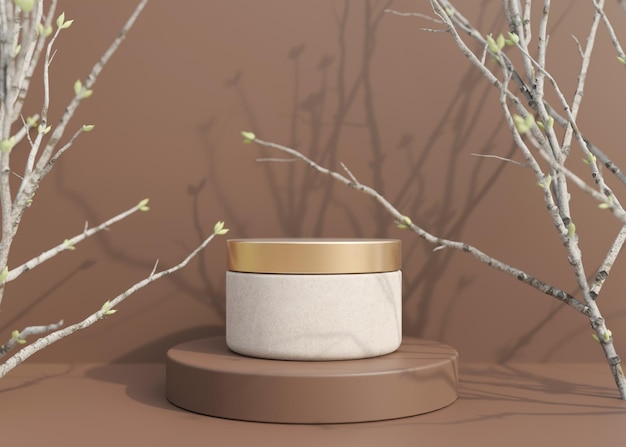 Blank unbranded cosmetic cream jar standing on podium with tree branches Skin care product presentation on brown background Luxury mock up Jar with copy space 3D rendering