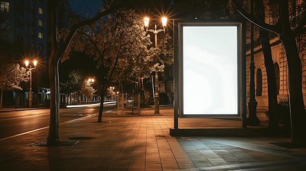 Blank vertical advertising billboard stand on the sidewalk at night