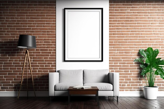 A blank vertical poster frame with a clipping path is on a red brick wall in the living room