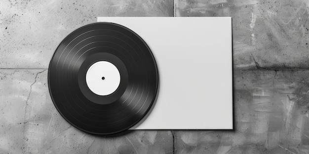 Photo blank vinyl record with white cover on concrete background classic black vinyl record