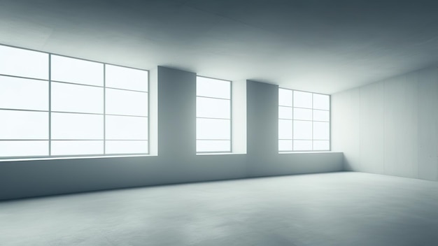 Blank wall in bright office mockup with large windows modern business hall 3D rendering