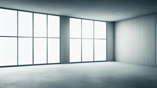 Blank wall in bright office mockup with large windows modern business hall 3D rendering