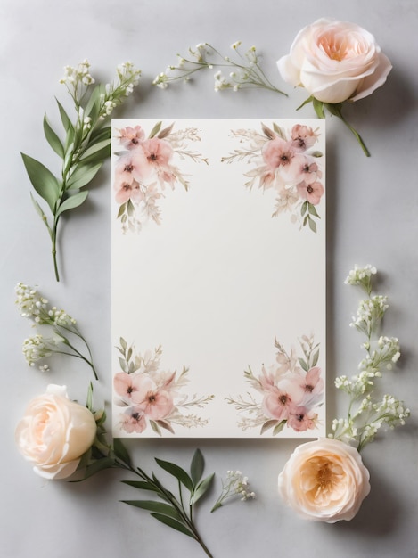 A blank wedding invitation adorned with a watercolor floral frame