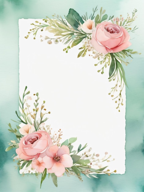 A blank wedding invitation adorned with a watercolor floral frame