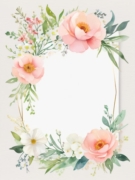 A blank wedding invitation adorned with a watercolor floral frame