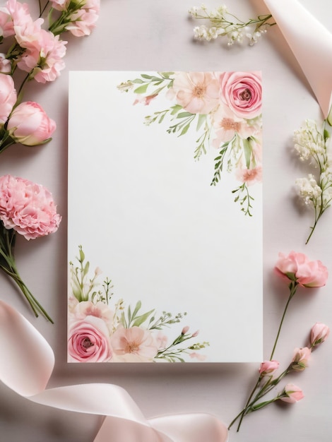 A blank wedding invitation adorned with a watercolor floral frame