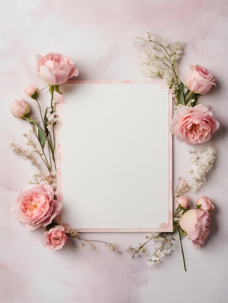 A blank wedding invitation adorned with a watercolor floral frame