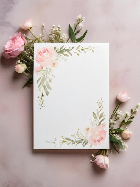 A blank wedding invitation adorned with a watercolor floral frame