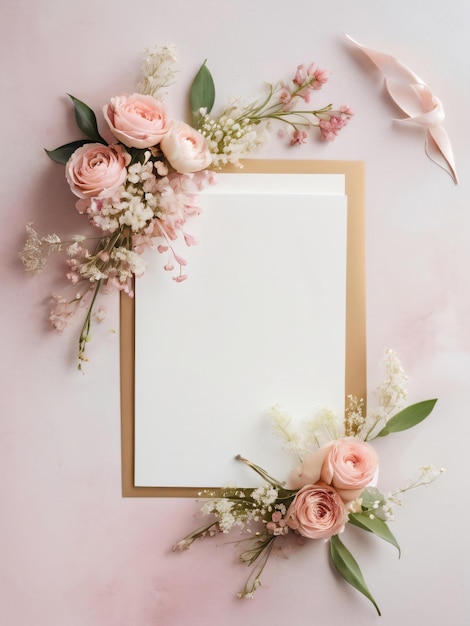 A blank wedding invitation adorned with a watercolor floral frame