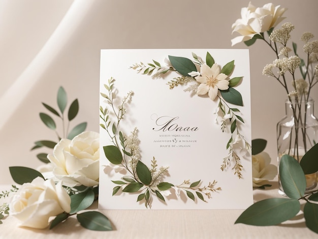 Blank Wedding Invitation Card Mockup with Trendy Floral Design