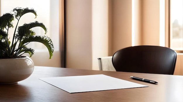 blank white A4 sheet of paper and a black ink pen on a wooden table in the office