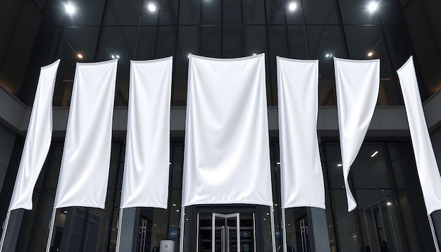 Blank white advertising flags in the front of the building isolated with white highlights