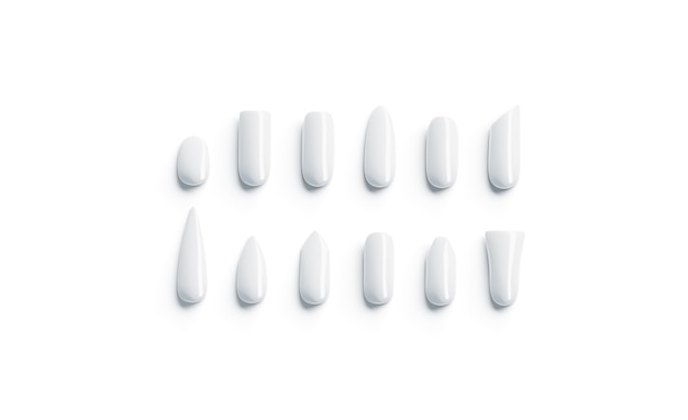 Blank white artificial nails shape type mockup Empty fake  different fingernail mock up isolated