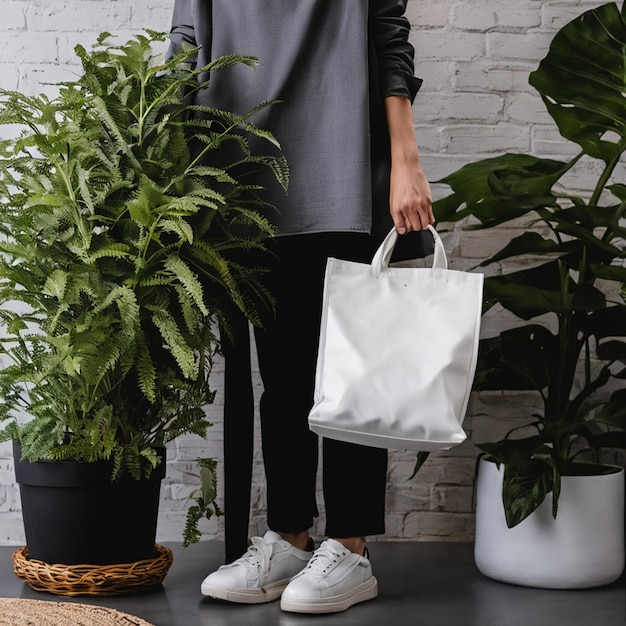 Blank white bag with handle mock up design Close up of reusable shopping bag generated by AI