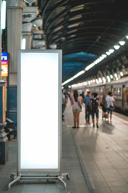 Blank white banner stand provides additional information next to a busy train station ticket booth